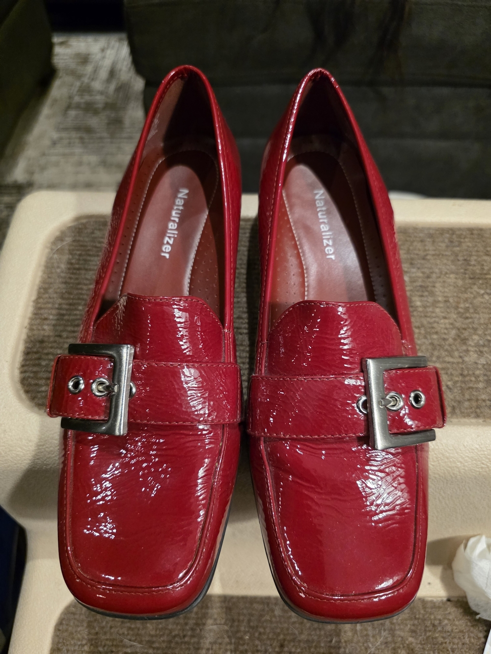 Naturalizer Red Patent Loafers with Buckle Accent